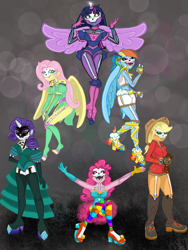 Size: 1620x2160 | Tagged: safe, artist:weegeepie-nightring, imported from derpibooru, applejack, fluttershy, pinkie pie, rainbow dash, rarity, twilight sparkle, alicorn, human, alicorn humanization, applejack's hat, barefoot, belt, bodypaint, bone, boots, calaverita (sugar skull), catrina (calavera garbancera), choker, clothes, cowboy boots, cowboy hat, dress, evening gloves, face paint, feet, female, fingerless gloves, gloves, halloween, hat, high heel boots, holiday, horned humanization, humanized, lasso, long gloves, mane six, midriff, nail polish, open mouth, pony coloring, rainbow socks, rope, sandals, shoes, shorts, skeleton, skirt, skull, socks, striped socks, sugar skull, toenail polish, toes, twilight sparkle (alicorn), winged humanization