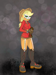 Size: 1620x2160 | Tagged: safe, artist:weegeepie-nightring, derpibooru exclusive, imported from derpibooru, applejack, human, applejack's hat, belt, bodypaint, bone, boots, clothes, costume, cowboy hat, face paint, female, fingerless gloves, gloves, halloween, halloween costume, hat, holiday, humanized, lasso, pony coloring, rope, shirt, shoes, shorts, skeleton, skull, solo