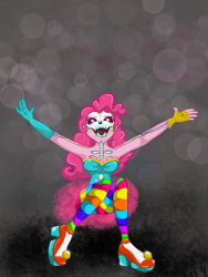 Size: 1620x2160 | Tagged: safe, artist:weegeepie-nightring, derpibooru exclusive, imported from derpibooru, pinkie pie, human, bodypaint, bone, boots, clothes, corset, costume, dress, evening gloves, face paint, female, fingerless gloves, gloves, halloween, halloween costume, high heel boots, holiday, humanized, long gloves, open mouth, pony coloring, rainbow socks, shoes, skeleton, skull, socks, solo, stockings, striped socks, thigh highs