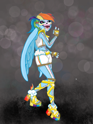 Size: 1620x2160 | Tagged: safe, artist:weegeepie-nightring, derpibooru exclusive, imported from derpibooru, rainbow dash, human, alternate hairstyle, belt, bodypaint, bone, clothes, costume, devil horn (gesture), face paint, feet, female, fingerless gloves, gloves, halloween, halloween costume, holiday, humanized, nail polish, open mouth, pony coloring, ponytail, sandals, shoes, short shirt, shorts, skeleton, skull, solo, toenail polish, toes, winged humanization, wings