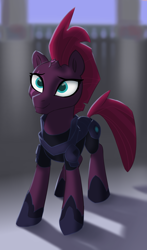 Size: 1106x1884 | Tagged: artist needed, safe, imported from derpibooru, tempest shadow, pony, unicorn, broken horn, eye scar, eyebrows, facial scar, female, horn, mare, scar, smiling, solo