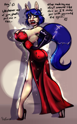 Size: 2095x3380 | Tagged: safe, artist:sutibaruart, colorist:milkymint, imported from derpibooru, oc, oc only, oc:monique, anthro, ghost, undead, body control, clothes, dress, high heels, jessica rabbit dress, open-back dress, possessed, red dress, shoes, side slit, strapless, strapless dress, total sideslit
