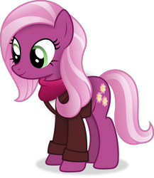 Size: 3347x3862 | Tagged: safe, artist:anime-equestria, imported from derpibooru, cheerilee, earth pony, pony, alternate hairstyle, clothes, female, green eyes, jacket, mare, scarf, simple background, smiling, solo, transparent background, vector, younger