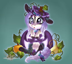 Size: 1920x1712 | Tagged: safe, artist:doekitty, imported from derpibooru, part of a set, oc, oc only, oc:karana, earth pony, pony, chibi, commission, female, halloween, holiday, jack-o-lantern, mare, one ear down, pumpkin, solo, ych result