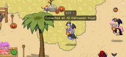 Size: 1600x720 | Tagged: safe, artist:topsangtheman, imported from derpibooru, cloud kicker, bat, pegasus, pony, pony town, barrel, candle, clothes, costume, halloween, holiday, jack-o-lantern, leaves, palm tree, pumpkin, rock, tree, witch
