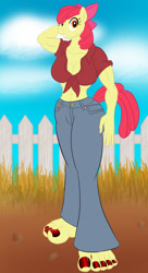 Size: 698x1280 | Tagged: safe, artist:prismawielder, imported from derpibooru, apple bloom, anthro, earth pony, plantigrade anthro, arm behind head, barefoot, belly button, big feet, breasts, busty apple bloom, cleavage, feet, female, front knot midriff, grin, midriff, nail polish, older, older apple bloom, smiling, solo, toenail polish