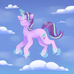Size: 1890x1890 | Tagged: safe, artist:padfoottg, imported from derpibooru, starlight glimmer, pony, unicorn, cloud, eyes closed, female, flying, glowing, glowing horn, happy, horn, levitation, magic, self-levitation, sky, smiling, solo, telekinesis