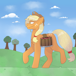 Size: 1890x1890 | Tagged: safe, artist:padfoottg, imported from derpibooru, applejack, earth pony, pony, apple, apple basket, apple tree, female, solo, straw in mouth, tree