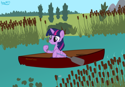 Size: 4478x3118 | Tagged: safe, artist:ironm17, imported from derpibooru, twilight sparkle, alicorn, pony, canoe, cattails, female, high res, hoof hold, mare, paddle, reeds, solo, twilight sparkle (alicorn), water