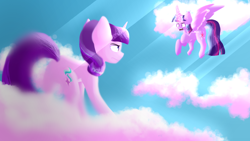 Size: 1920x1080 | Tagged: safe, artist:cookiesmolbean, imported from derpibooru, starlight glimmer, twilight sparkle, alicorn, pony, unicorn, the cutie re-mark, butt, cloud, duo, female, flying, plot, scene interpretation, twilight sparkle (alicorn)