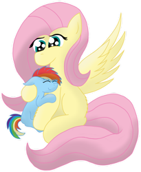 Size: 1280x1563 | Tagged: safe, artist:zeccy-zebra, imported from derpibooru, fluttershy, rainbow dash, pegasus, pony, age regression, cute, dashabetes, eyes closed, female, filly, filly rainbow dash, floppy ears, flutterdash, foal, hug, lesbian, mare, missing cutie mark, ponytober, shipping, shyabetes, simple background, transparent background, wingless, younger