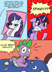 Size: 800x1099 | Tagged: safe, imported from twibooru, rarity, spike, twilight sparkle, comic, image, implied masturbation, masturbation, needs more jpeg, simp