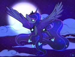 Size: 1685x1269 | Tagged: safe, artist:sxlipsis, imported from derpibooru, princess luna, alicorn, pony, cloud, cloudy, crown, female, g4, jewelry, mare, moon, night, regalia, solo, stars