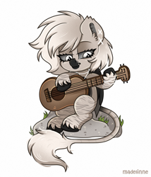 Size: 2000x2340 | Tagged: safe, artist:madelinne, imported from derpibooru, oc, oc only, oc:devilvoice, bat pony, chibi, commission, guitar, musical instrument, playing guitar, simple background