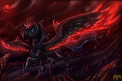 Size: 2560x1707 | Tagged: safe, artist:kwiateko, imported from derpibooru, alicorn, blood moon, blue eyes, commission, female, full body, grin, lava, moon, smiling, solo, solo female, spooky, spread wings, volcano, walking, wings