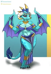 Size: 469x680 | Tagged: safe, artist:painterdreamer, edit, imported from derpibooru, princess ember, anthro, digitigrade anthro, dragon, accessories, bedroom eyes, belly button, belly dancer, belly dancer outfit, bikini, bikini top, breasts, busty princess ember, clothes, cropped, digital art, dragoness, female, horn, jewelry, loincloth, looking at you, smiling, smiling at you, solo, solo female, spread wings, swimsuit, thighs, wide hips, wings