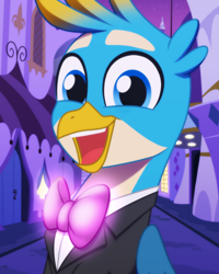 Size: 2048x2560 | Tagged: safe, artist:whitequartztheartist, imported from derpibooru, gallus, griffon, bowtie, clothes, cute, gallabetes, happy, night, open mouth, open smile, smiling, solo, suit, tuxedo