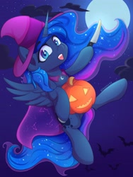 Size: 2700x3600 | Tagged: safe, artist:stravy_vox, imported from derpibooru, princess luna, alicorn, cloud, flying, halloween, hat, holiday, knife, looking at you, pumpkin, smiling, witch hat