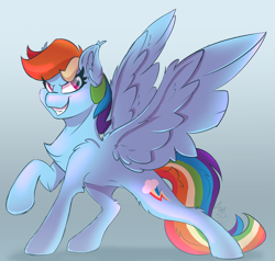 Size: 2000x1900 | Tagged: safe, artist:starcasteclipse, imported from derpibooru, rainbow dash, pegasus, pony, chest fluff, colored, ear fluff, female, leg fluff, mare, raised hoof, slim, smiling, smirk, solo, spread wings, standing, teeth, wing fluff, wings