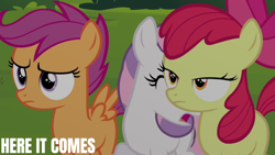 Size: 1280x720 | Tagged: safe, edit, edited screencap, editor:quoterific, imported from derpibooru, screencap, apple bloom, scootaloo, sweetie belle, earth pony, pegasus, pony, unicorn, twilight time, blank flank, cutie mark crusaders, eyes closed, female, filly, foal, open mouth, spread wings, wings