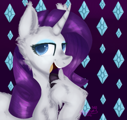 Size: 1171x1106 | Tagged: safe, artist:4agonism, imported from derpibooru, rarity, pony, unicorn, abstract background, bedroom eyes, bust, cheek fluff, chest fluff, cloven hooves, colored hooves, curved horn, ear fluff, eyeshadow, female, hoof fluff, hoof on chest, horn, lidded eyes, looking sideways, makeup, mare, open mouth, open smile, raised hoof, smiling, solo, unshorn fetlocks