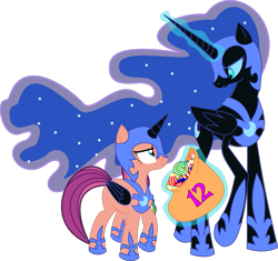 Size: 1371x1291 | Tagged: safe, anonymous artist, imported from derpibooru, nightmare moon, sunny starscout, alicorn, pony, spoiler:g5, spoiler:my little pony: tell your tale, spoiler:tyts01e30, .svg available, bag, candy, clothes, colored, concave belly, cosplay, costume, duo, eyelashes, female, flat colors, folded wings, food, g4, g5, g5 to g4, generation leap, glowing, glowing horn, height difference, helmet, hoof shoes, horn, long horn, looking at each other, looking at someone, magic, mare, mlp fim's twelfth anniversary, my little pony: tell your tale, nightmare moon armor, nightmare night costume, nightmare night party, nightmare sunny, peytral, physique difference, princess shoes, raised hoof, simple background, slim, svg, tall, telekinesis, thin, three quarter view, transparent background, vector, wings