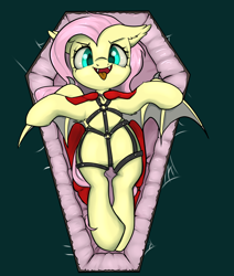 Size: 2200x2600 | Tagged: safe, artist:dumbwoofer, imported from derpibooru, fluttershy, bat pony, pegasus, pony, undead, vampire, bat ponified, bondage, bondage harness, clothes, coffin, costume, dracula, fangs, flutterbat, halloween, halloween costume, harness, holiday, race swap, solo, spooky, tack, tongue out