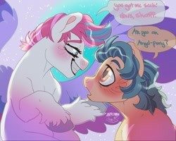 Size: 1080x864 | Tagged: safe, artist:jahomii, imported from derpibooru, hitch trailblazer, zipp storm, earth pony, pegasus, pony, blushing, female, g5, heart, heart eyes, hitchzipp, male, mare, shipping, smiling, speech bubble, spread wings, stallion, straight, text, wingding eyes, wings