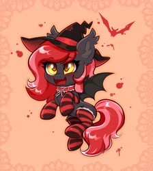 Size: 3299x3676 | Tagged: safe, artist:confetticakez, imported from derpibooru, oc, oc only, oc:strawberry stylus, bat pony, pony, blood, choker, clothes, flying, hat, open mouth, open smile, smiling, socks, solo, spread wings, striped socks, thigh highs, wings, witch hat