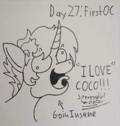 Size: 1433x1507 | Tagged: safe, artist:spoopygirl, imported from derpibooru, oc, oc:axtus, unicorn, lineart, male, ponytober, ponytober 2022, signature, text, traditional art