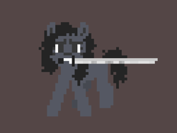 Size: 512x384 | Tagged: safe, artist:longsword, derpibooru exclusive, imported from derpibooru, oc, oc only, earth pony, pony, abstract background, battle stance, female, gray coat, mare, messy hair, messy mane, messy tail, mouth hold, pixel art, solo, sword, tail, weapon