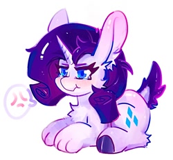 Size: 880x816 | Tagged: safe, artist:rugr, imported from derpibooru, rarity, hybrid, pony, rabbit, unicorn, :t, animal, bunnified, bunny ears, chest fluff, cross-popping veins, dock, emanata, female, mare, paws, rabbity, simple background, solo, species swap, tail, white background