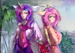 Size: 2224x1574 | Tagged: safe, artist:rugr, imported from derpibooru, fluttershy, rarity, human, female, flarity, humanized, lesbian, shipping