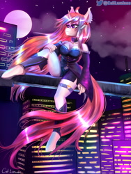 Size: 2324x3098 | Tagged: safe, artist:cali luminos, imported from derpibooru, oc, oc only, anthro, unguligrade anthro, unicorn, artist, breasts, city, cleavage, clothes, commission, dress, female, night, retrowave, solo, suit