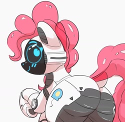 Size: 1593x1556 | Tagged: safe, artist:pabbley, imported from derpibooru, pinkie pie, pony, robot, robot pony, balloonbutt, butt, dock, female, kerfuś, large butt, looking at you, looking back, looking back at you, mare, pinkie bot, plot, raised hoof, rear view, roboticization, simple background, smiling, smiling at you, solo, tail, white background