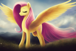 Size: 768x512 | Tagged: safe, editor:caligari87, imported from derpibooru, fluttershy, pony, ai content, ai generated, eyes closed, feathered wings, generator:purplesmart.ai, generator:stable diffusion, large wings, simple background, solo, spread wings, tail, windswept tail, wings, wrong cutie mark