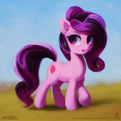 Size: 512x512 | Tagged: safe, editor:caligari87, imported from derpibooru, oc, unnamed oc, earth pony, pony, ai content, ai generated, curly mane, generator:purplesmart.ai, generator:stable diffusion, raised hoof, simple background, smiling, solo