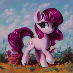 Size: 512x512 | Tagged: safe, editor:caligari87, imported from derpibooru, oc, unnamed oc, earth pony, pony, ai content, ai generated, cloud, cute, flower, generator:purplesmart.ai, generator:stable diffusion, grass, raised hoof, smiling, solo