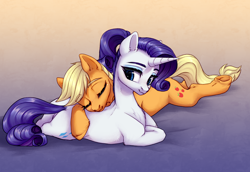 Size: 2500x1724 | Tagged: safe, artist:nika-rain, derpibooru exclusive, imported from derpibooru, applejack, rarity, earth pony, pony, unicorn, alternate hairstyle, applebetes, butt, couple, cuddling, cute, eyes closed, female, horn, lesbian, lesbian couple, lying down, mare, missing accessory, plot, prone, raribetes, rarijack, shipping, simple background, sketch