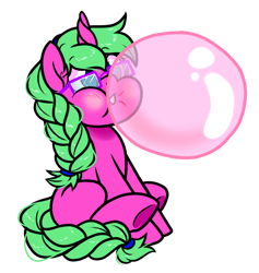 Size: 946x996 | Tagged: safe, artist:paperbagpony, imported from derpibooru, oc, oc:raspberry tart, pony, unicorn, blank flank, braid, bubblegum, commissioner:puffydearlysmith, cute, female, filly, foal, food, glasses, gum, horn, simple background, unicorn oc, white background