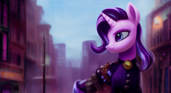 Size: 2816x1536 | Tagged: safe, imported from derpibooru, starlight glimmer, pony, unicorn, ai content, ai generated, city, clothes, dress, female, generator:pony diffusion v1, generator:stable diffusion, high res, mare, prompter:siber, solo, steampunk, street