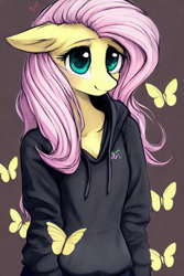 Size: 512x768 | Tagged: safe, derpibooru exclusive, imported from derpibooru, fluttershy, anthro, butterfly, ai content, ai generated, clothes, cute, generator:purplesmart.ai, generator:stable diffusion, hoodie, shyabetes, smiling