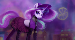 Size: 2816x1536 | Tagged: safe, imported from derpibooru, starlight glimmer, pony, ai assisted, ai content, clothes, dress, female, generator:pony diffusion v1, generator:stable diffusion, looking at you, mare, prompter:siber, solo, steampunk, the quality of ai art is frightening