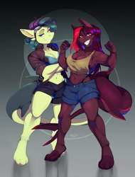 Size: 2457x3241 | Tagged: source needed, safe, artist:hakkids2, imported from derpibooru, oc, oc only, oc:adroga, oc:aulax, anthro, digitigrade anthro, original species, shark, shark pony, unguligrade anthro, breasts, clothes, crossed arms, duo, female, panties, shorts, thong, underwear