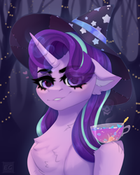 Size: 1724x2160 | Tagged: safe, artist:elektra-gertly, imported from derpibooru, starlight glimmer, pony, unicorn, chest fluff, ear fluff, eye clipping through hair, eyebrows, eyebrows visible through hair, food, forest, glowing, glowing horn, hat, heart, horn, poison, skull, solo, tea, witch hat