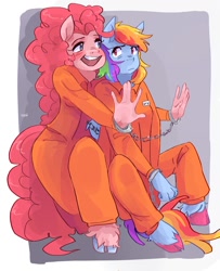 Size: 832x1024 | Tagged: safe, artist:dmitrymemovznok, imported from derpibooru, pinkie pie, rainbow dash, anthro, unguligrade anthro, blushing, clothes, cuffed, cuffs, duo, excited, hesitant, never doubt rainbowdash69's involvement, prison outfit, prisoner pp, prisoner rd, unshorn fetlocks, varying degrees of want