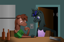 Size: 4384x2928 | Tagged: safe, artist:emc-blingds, imported from derpibooru, oc, anthro, earth pony, unicorn, clothes, crying, duo, earth pony oc, female, horn, indoors, story included, unicorn oc