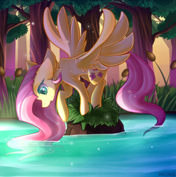 Size: 1976x1993 | Tagged: safe, artist:yuris, imported from derpibooru, fluttershy, pegasus, pony, ear fluff, ears back, female, forest, lake, open mouth, reeds, solo, spread wings, sunset, water, wings