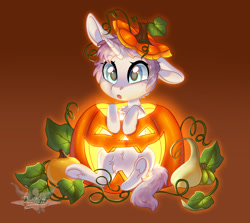 Size: 1920x1712 | Tagged: safe, artist:doekitty, imported from derpibooru, part of a set, oc, oc only, oc:ezra, pony, unicorn, chibi, commission, female, halloween, holiday, jack-o-lantern, mare, one ear down, pumpkin, solo, ych result