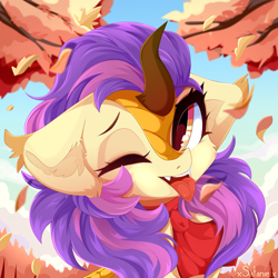 Size: 4000x4000 | Tagged: safe, artist:xsatanielx, imported from derpibooru, oc, oc only, kirin, pony, clothes, female, leaves, solo, tongue out